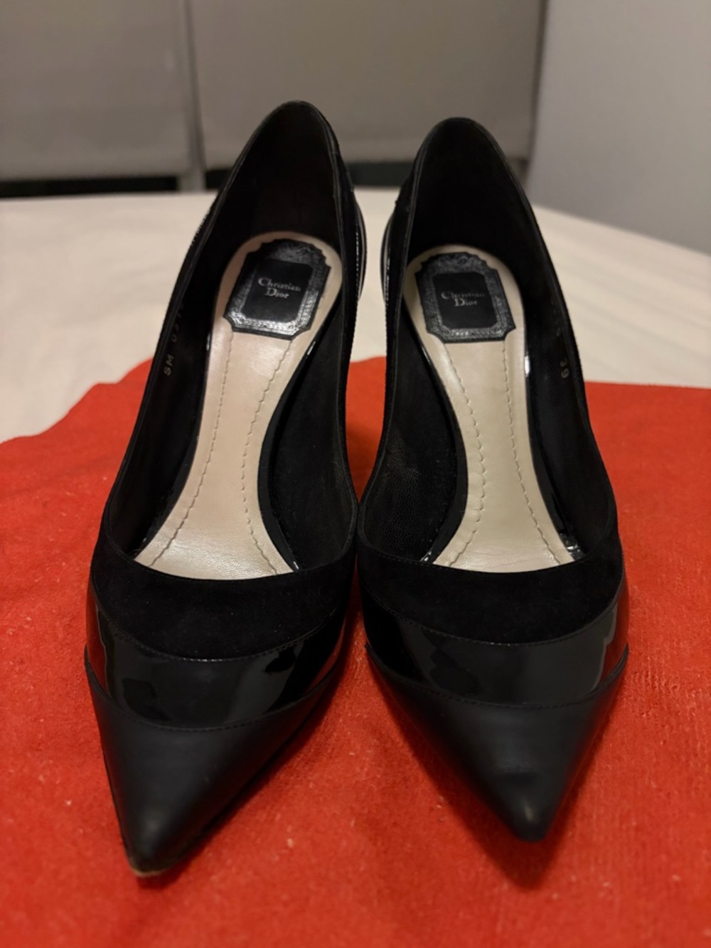 Dior Black Patent and Suede Pointed Toe Pumps